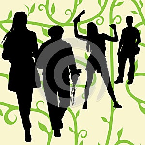 Silhouettes of people of different ages and gender on the background of a seamless pattern with green stems, leaves. Grandmother a